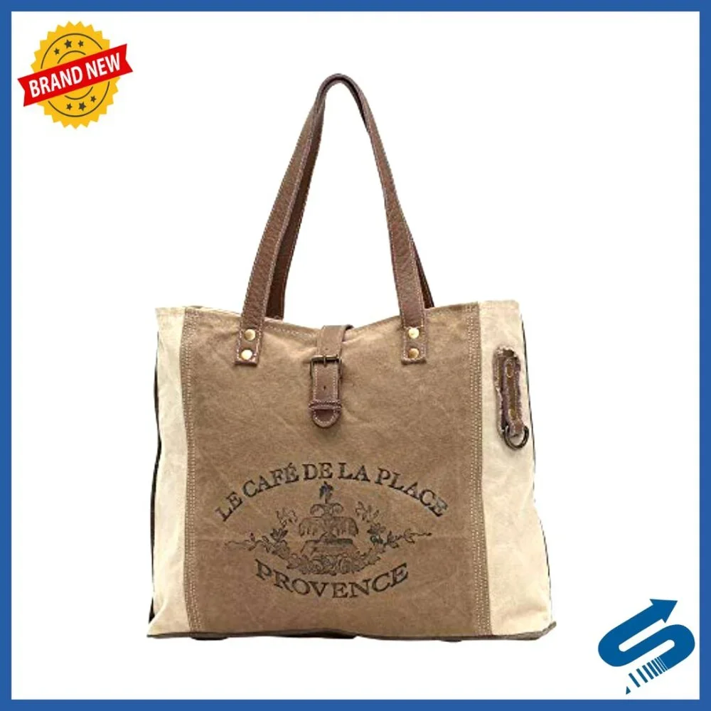 Canvas Leather Tote Bag Vintage Boho Chic Spacious Everyday Purse - Picture 4 of 4